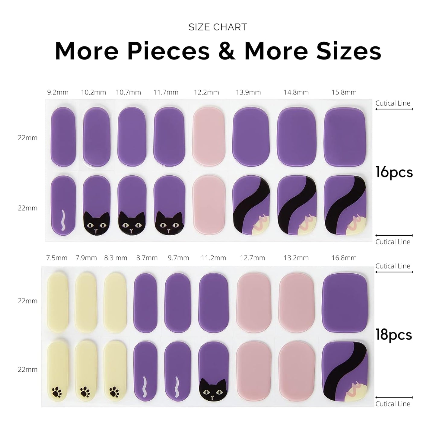 Nailog Semi Cured Gel Nail Strips 34 pcs | Long Lasting Nail Polish Sticker Wraps with Glossy Gel Finish (Black Cat)