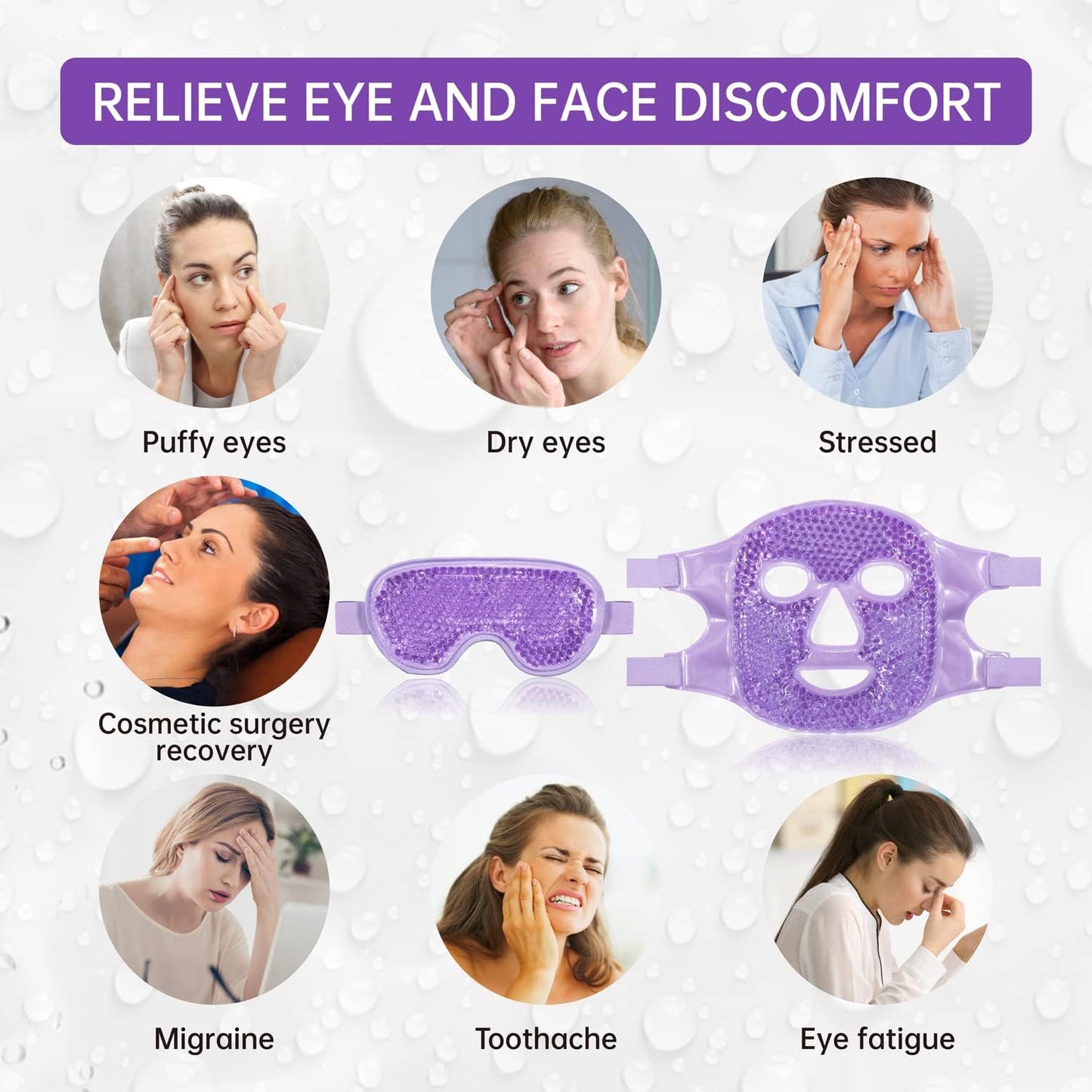 Cooling Ice Face Eye Mask for Reducing Puffiness, Bags Under Eyes,Sinus,Redness,Pain Relief,Dark Circles, Migraine,Hot/Cold Pack with Soft Plush Backing (Purple(1* Eye Mask+1*Face Mask))