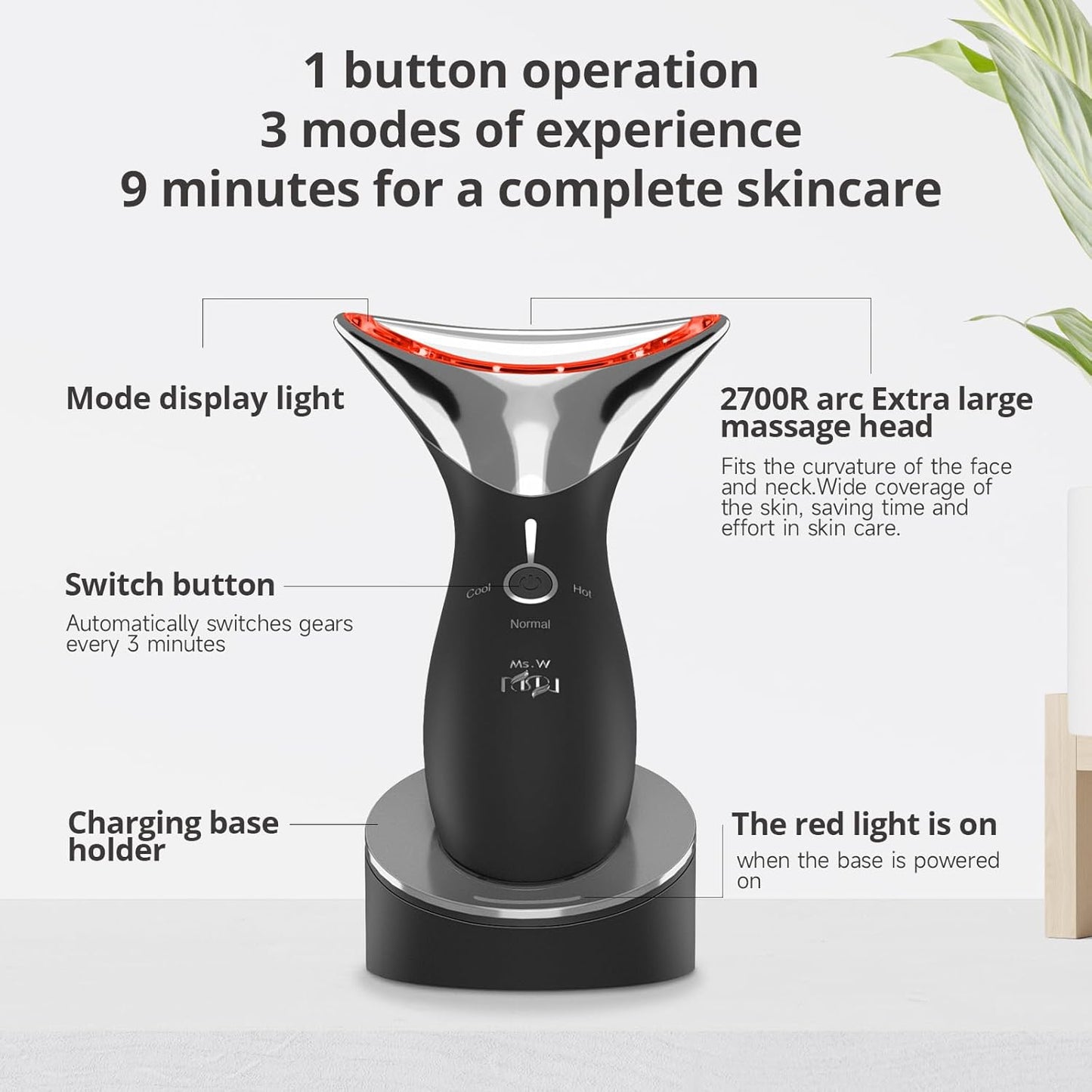 Ms.W Red Light Neck Face Massager, Facial Massager with Hot & Cold Modes for Skin Care, Vibration for Skin Tightening and Rejuvenation（Black）