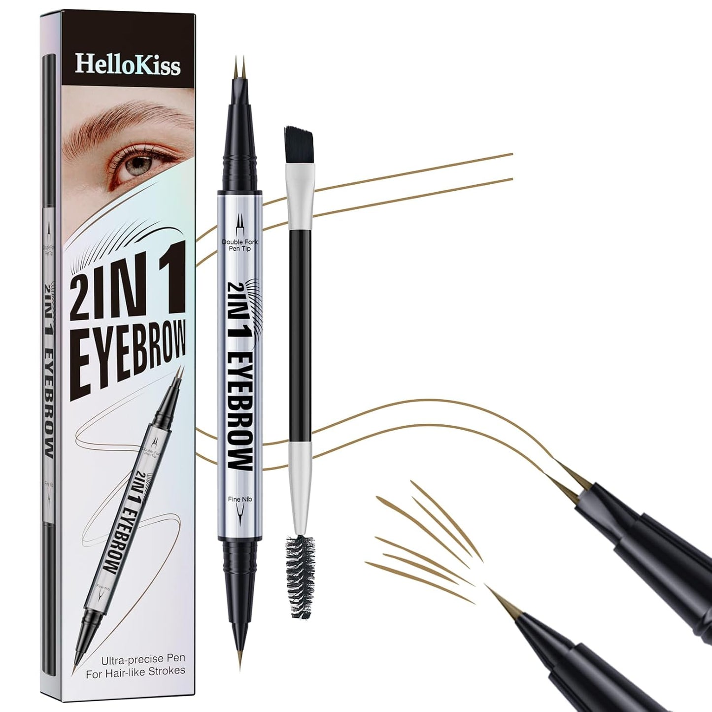 Eye Brow Pencils for Women Brown,2-in-1 Dual-Ended Eye Brow Pencil with 2-Fork-Tip and Precise Brush-Tip, Microblading Eyebrow Pen for Waterproof Long Lasting Natural Hair-Like Brows(Light Brown)