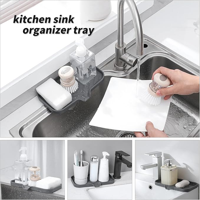 Silicone Bathroom Soap Dishes with Drain Spout-Bathroom and Kitchen Sink Organizer,Sponge Holder,Dish Soap Tray,Perfect for Dispenser,Scrubber,Bottle,Cup on Sink or Counter-Grey 9.6"×5.3"