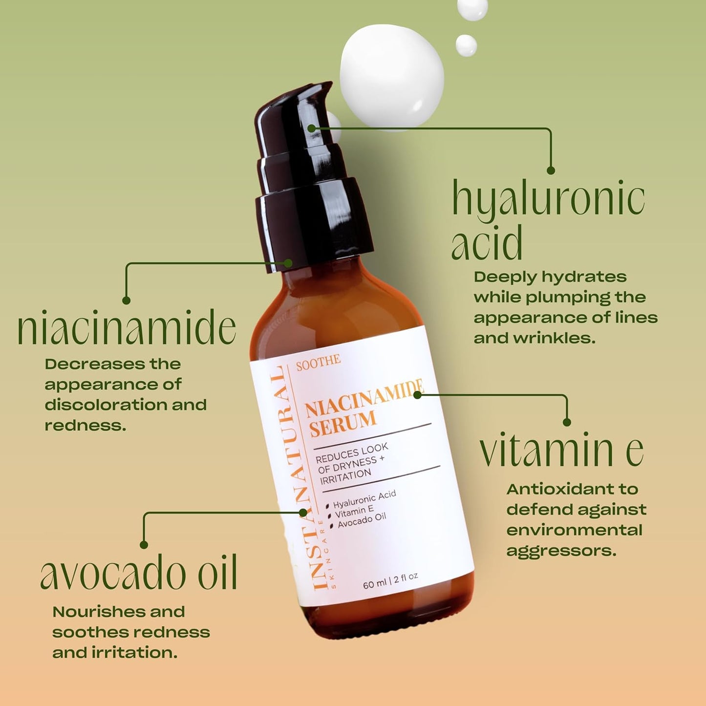 InstaNatural Niacinamide Face Serum, Hydrates, Soothes, Reduces Irritation, Redness, Lines, Wrinkles, and Other Signs of Aging, with Hyaluronic Acid and Vitamin E, 2 Fl Oz