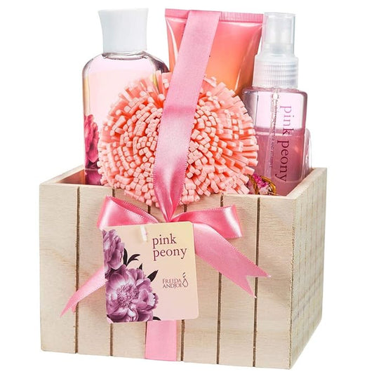 Pink Peony Bathroom Bath Set for Women, Complete Skincare Products in a Natural Wood Plant Box, Body Lotion, Shower Gel, Bubble Bath, Body Spray, Puff
