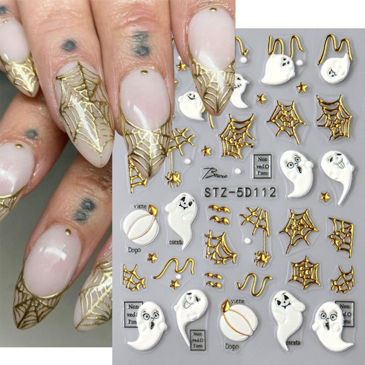 3 Sheets Halloween Nail Stickers 5D Embossed Goth Nail Art Stickers Bloody Drop Heart Ghost Spider Web Designs Nail Art Supplies Cute Gold Ghost Nail Decals for Women Girls Holiday Acrylic Nails DIY