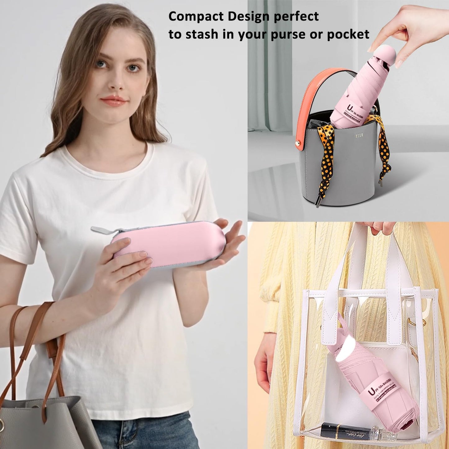 BAODINI Travel Mini Umbrella for Purse With Case Small Compact UV Sun Protection Sun Lightweight Tiny Pocket Manual Open Close Umbrella for Women Kids and Men