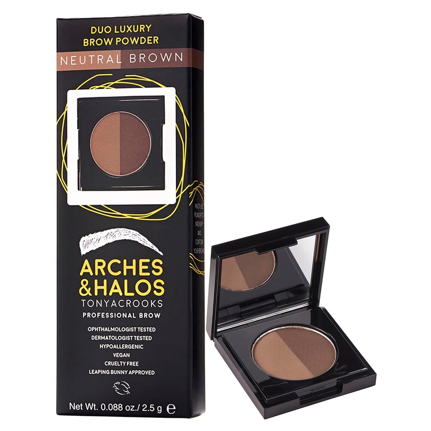 Arches and Halos Duo Luxury Brow Powder - Eyebrow Shaper and Color - Powder Compact with 2 Neutral Shades - Neutral Brown - 0.1 oz