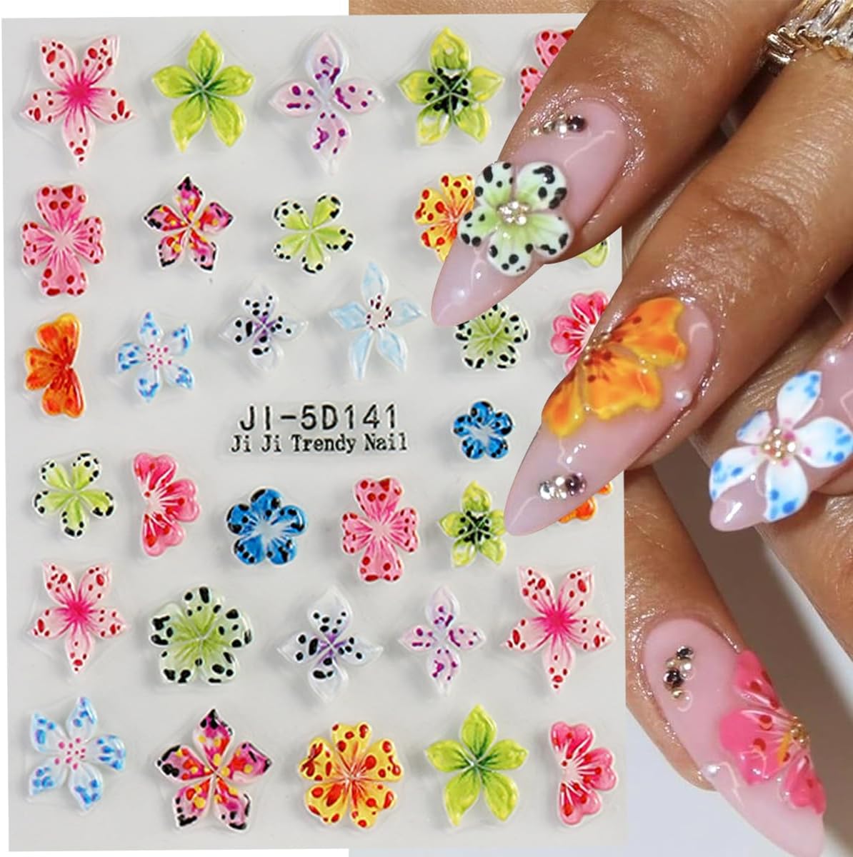 Flower Nail Stickers 5D Hibiscus Flower Stickers for Nails Lily Floral Nail Decals Self Adhesive Nail Art Design Sticker para Uñas Summer Nail Art Sticker for Women DIY Acrylic Nails Decor 2 Sheets