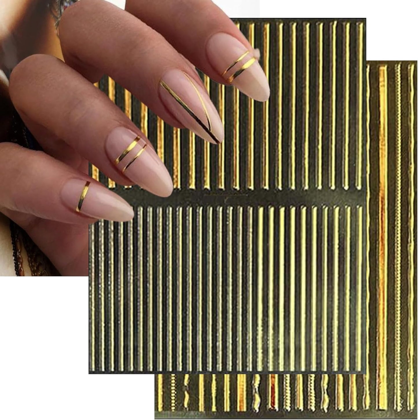 12 Sheets Gold Line Nail Art Stickers - French Smile Waves Strip Self-Adhesive Nail Decals for DIY Geometric Manicure
