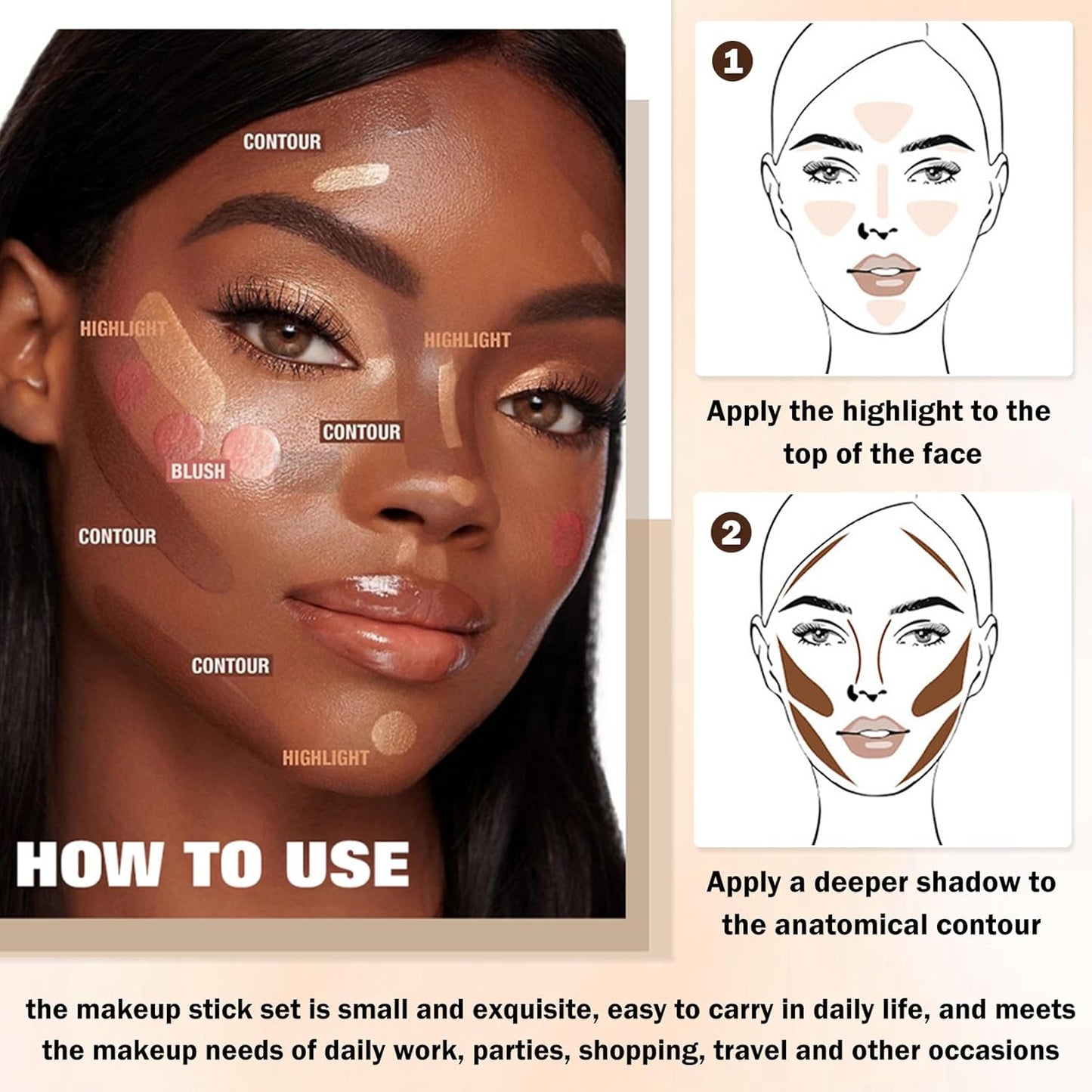 CAHIUYOA 6-Color Cream Contour & Highlighter Makeup Kit, Bronzer & Highlighter Stick for Beginner, Long-Lasting Waterproof Face Makeup