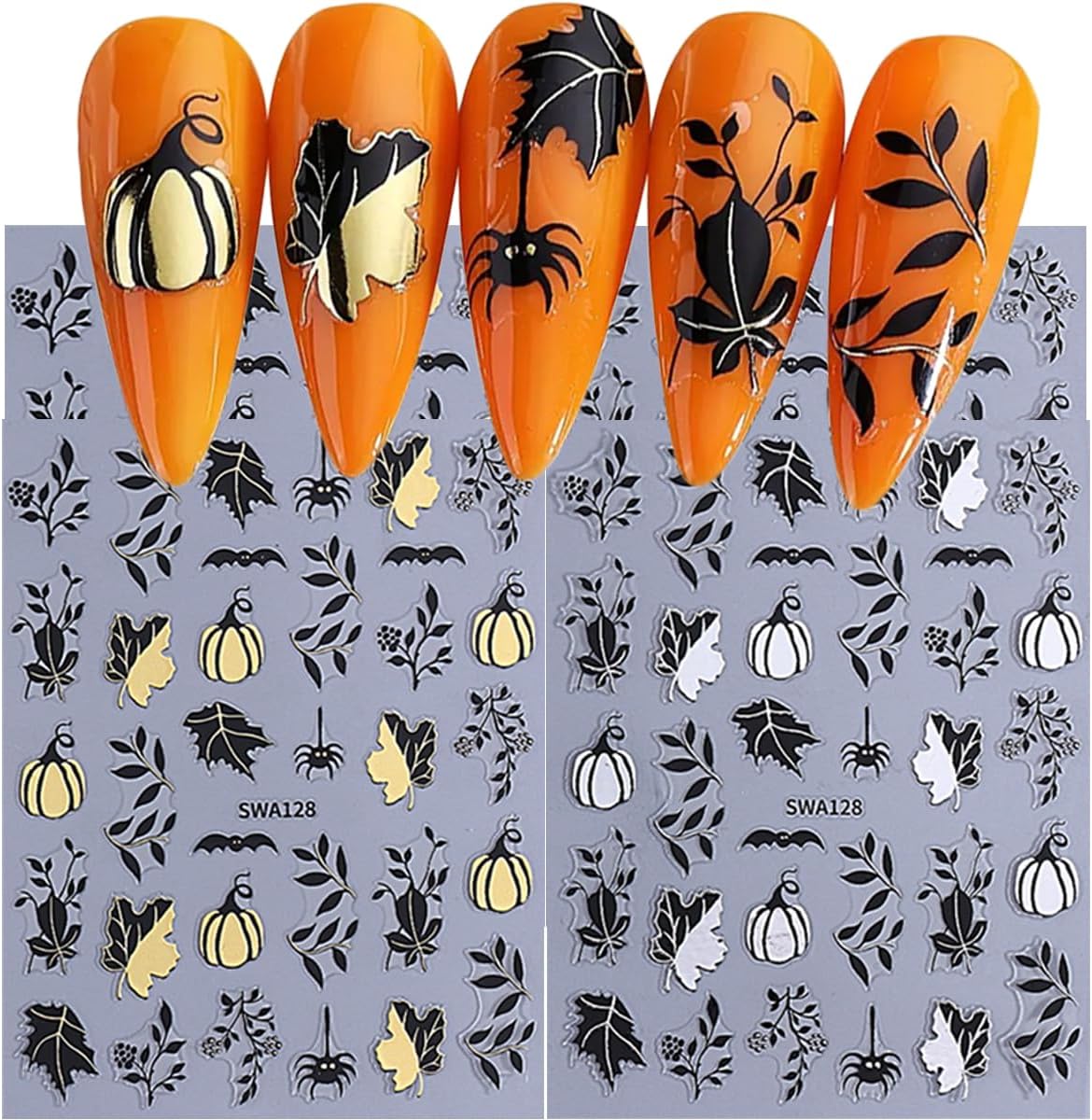 4 Sheets Halloween Nail Stickers Gold Pumpkin Leaves Bat Holiday Nail Designs 3D Self-Adhesive Spider Web Decals Black Leaf Nails Supplies for Women Girls DIY Manicure