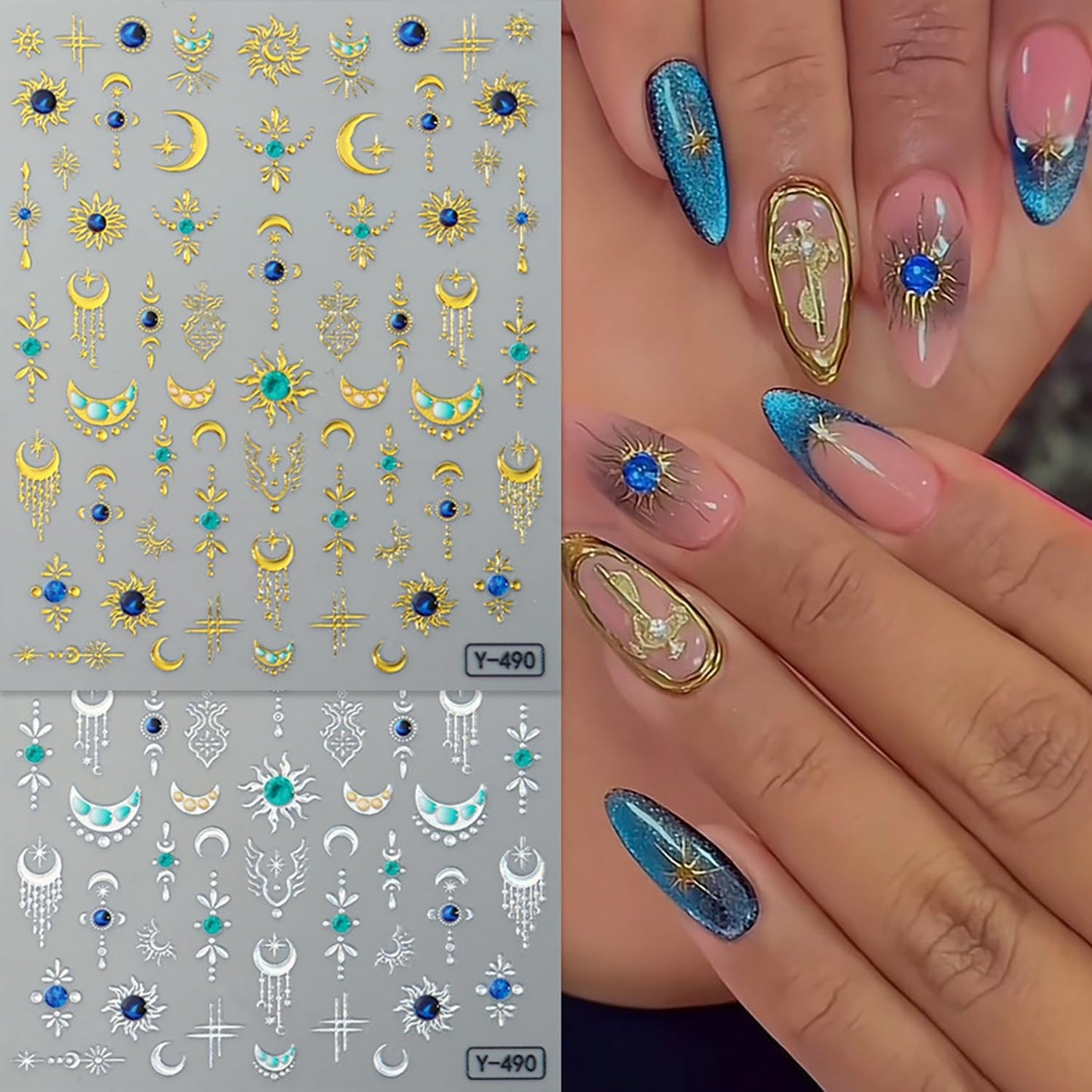6 Sheets Hot Stamping Gold & Silver Star Nail Art Stickers 3D Self -Adhesive Moon Stars Nail Decals Holographic Pendant Vintage Moon Nail Stickers Unique Nail Decoration for Women Manicure Supplies