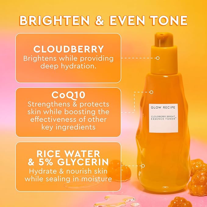 Glow Recipe Travel Size Cloudberry Brightening Toner + Essence Skincare-CoQ10 Face Toner to Strengthen Skin Barrier+Hydrating Rice Water, Vitamin C, E & 5% Glycerin to Soften & Even Skin Tone (30 ml)