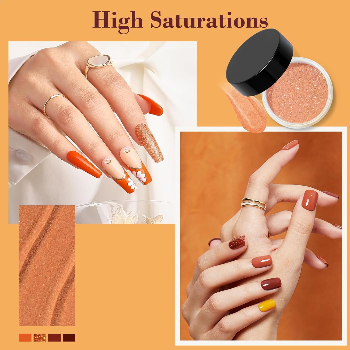 AZUREBEAUTY Dip Powder Nail Kit Starter, Orange Brown Glitter, 4 Fall Pumpkin Maple Dark Colors Set, French Halloween Nail Art Base Top Coat Activator Essential Liquid Manicure DIY Salon 12 PCS