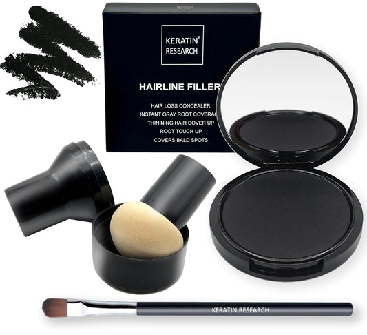 KERATIN RESEARCH Hairline Filler Unisex Mineral Powder Root Touch-Up Hair loss Concealer Scalp & Beard Bald Patch Coverage Fibers for Thinning Hair Waterproof Organic Natural look (BLACK, XL)