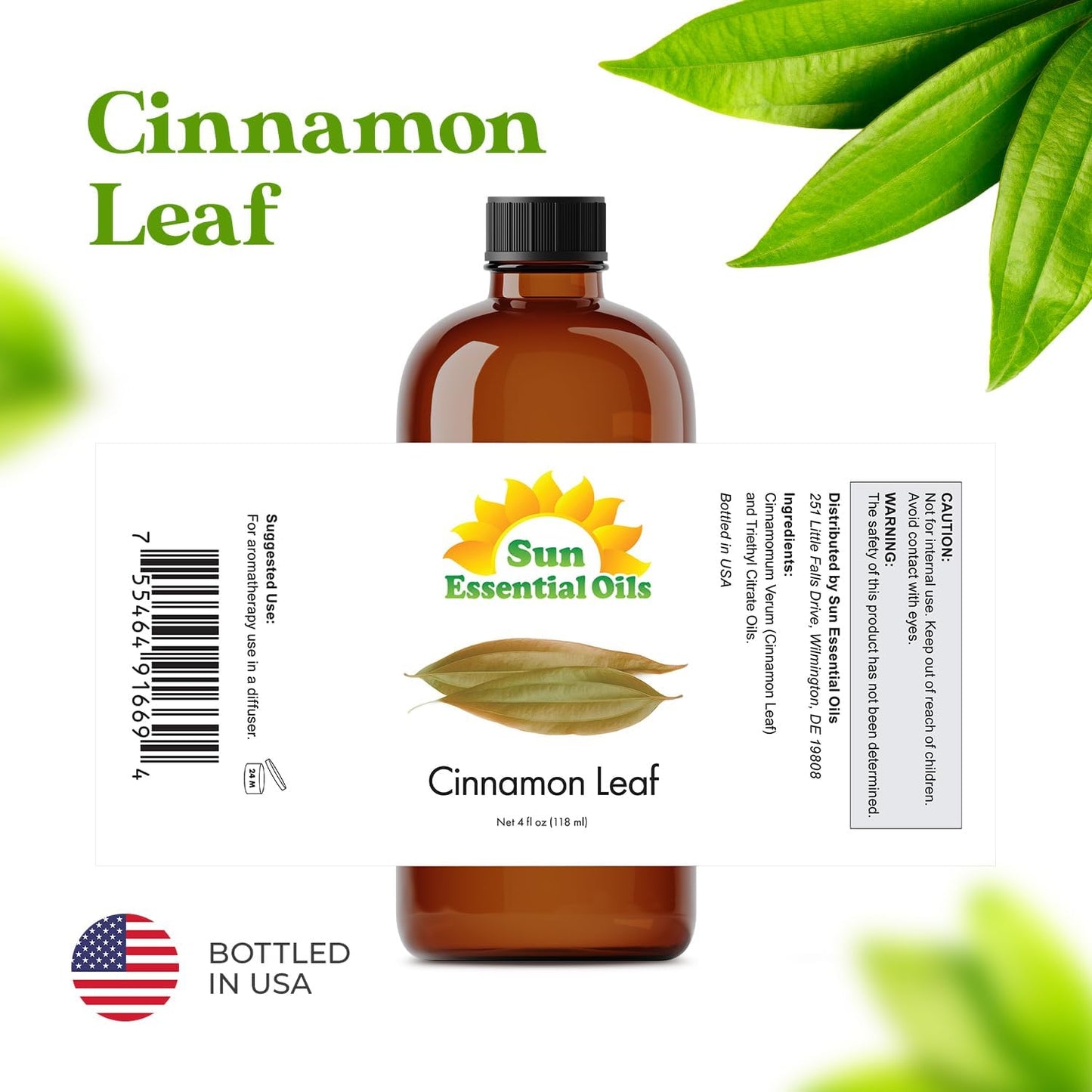 Sun Essential Oils Cinnamon Leaf Essential Oil 4oz Bottle for Humidifier, Diffuser, Soaps, Candles, Aromatherapy, Home Care, and Soap Making