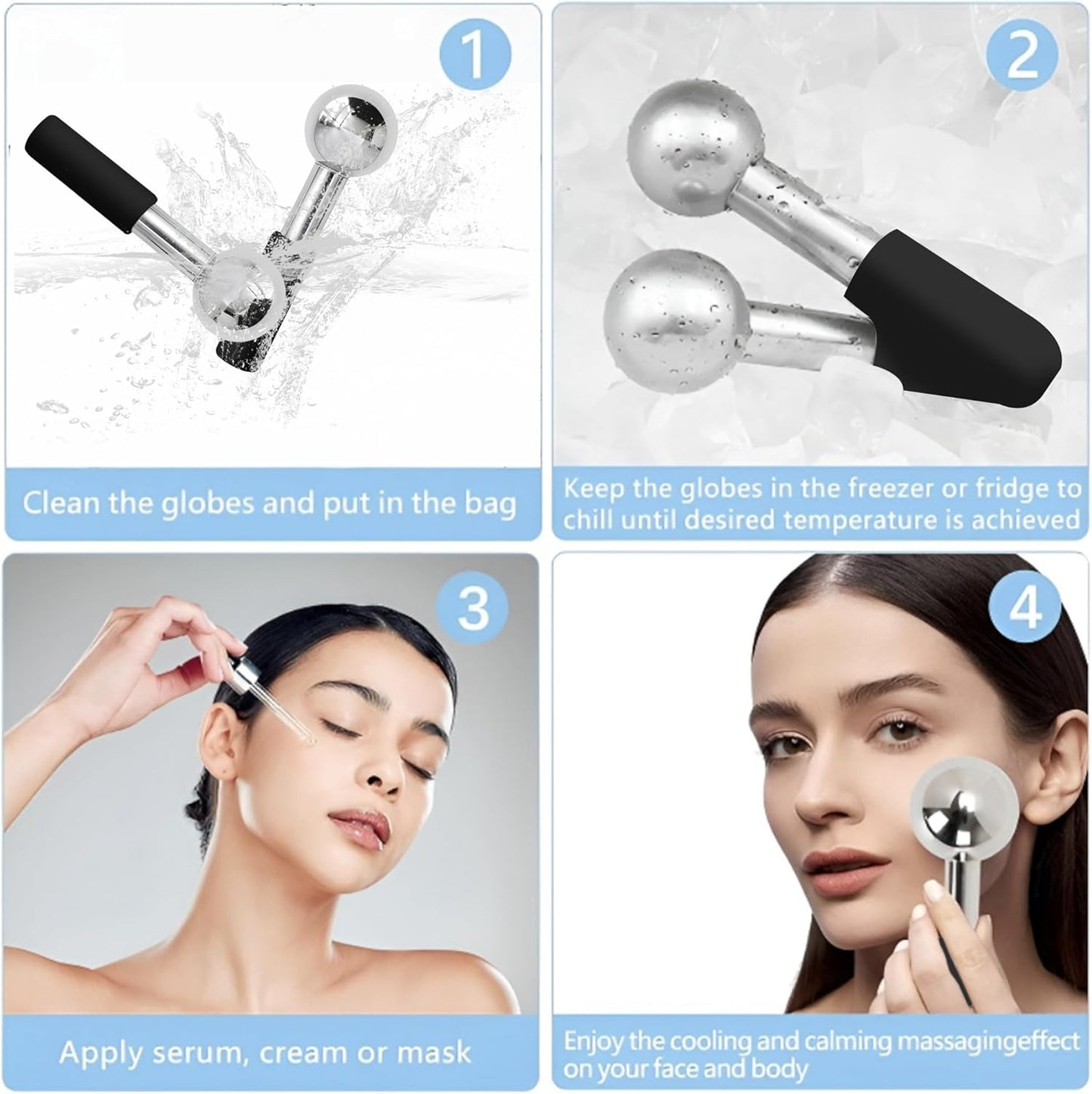Ice Globes for Face Eyes, Unbreakable Stainless Steel Cryo Massagers for Skincare Routines, Multifunctional Cold Roller Cooling Globes for Puffiness, Sagging Skin, Fine Lines Facial Relaxation (Black)