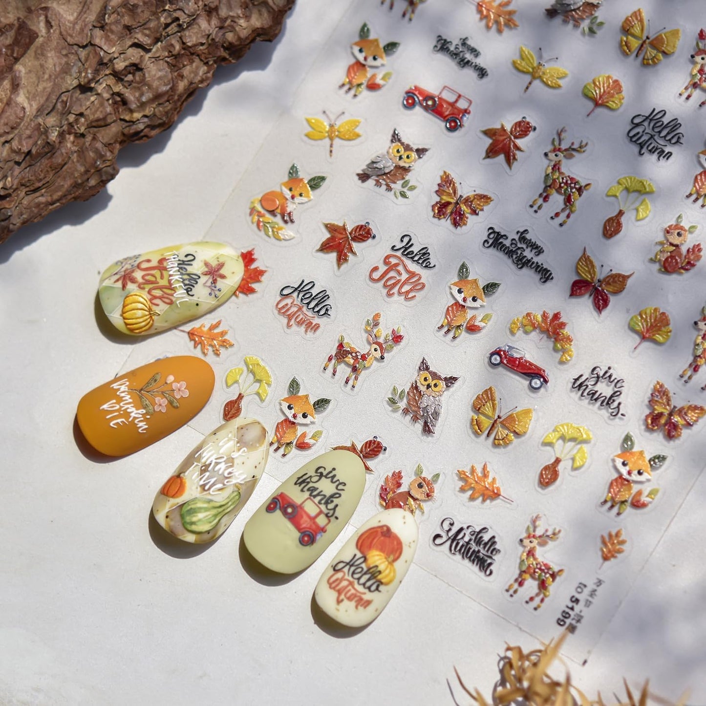 1 Sheet Animal Print Nail Art Stickers 5D Embossed Fox Nail Stickers 3D Self-Adhesive Squirrel Nail Decals Autumn Elk Owl Nail Designs Orange Maple Car Nail Art Decoration for Women Girls Manicure