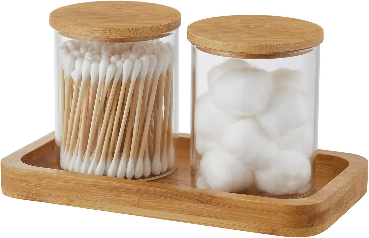 Glass Qtip Holder with Vanity Tray, Apothecary Jars Bathroom Accessories Bathroom Canisters Organizer Countertop Q Tip Holder for Cotton Ball Round Swab Pad Hair Ties Floss Perfume Jewelry