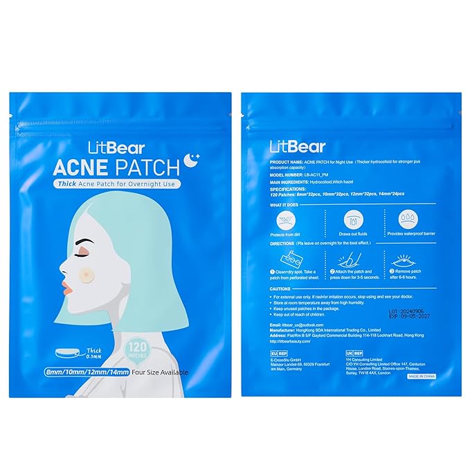 LitBear Acne Pimple Patches- Day and Night 4 Sizes 180 Dots Thin & Thick Hydrocolloid Patches with Witch Hazel, Tea Tree & Calendula Oil, Extra Adhesion for Face Zit Patch Dots (Pack of 2)