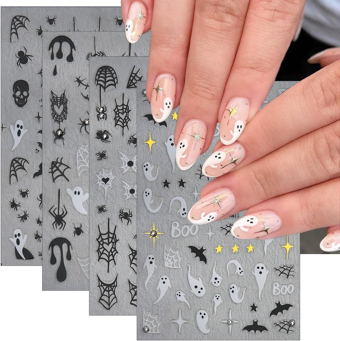4Sheets Dark Halloween Nail Art Stickers 3D Self-Adhesive Shiny Crystal Spider Nail Decals Cute Ghost Skull Spider Web Nails Designs Stickers Halloween Nails Art Supplies for Women Holiday Nails Decor