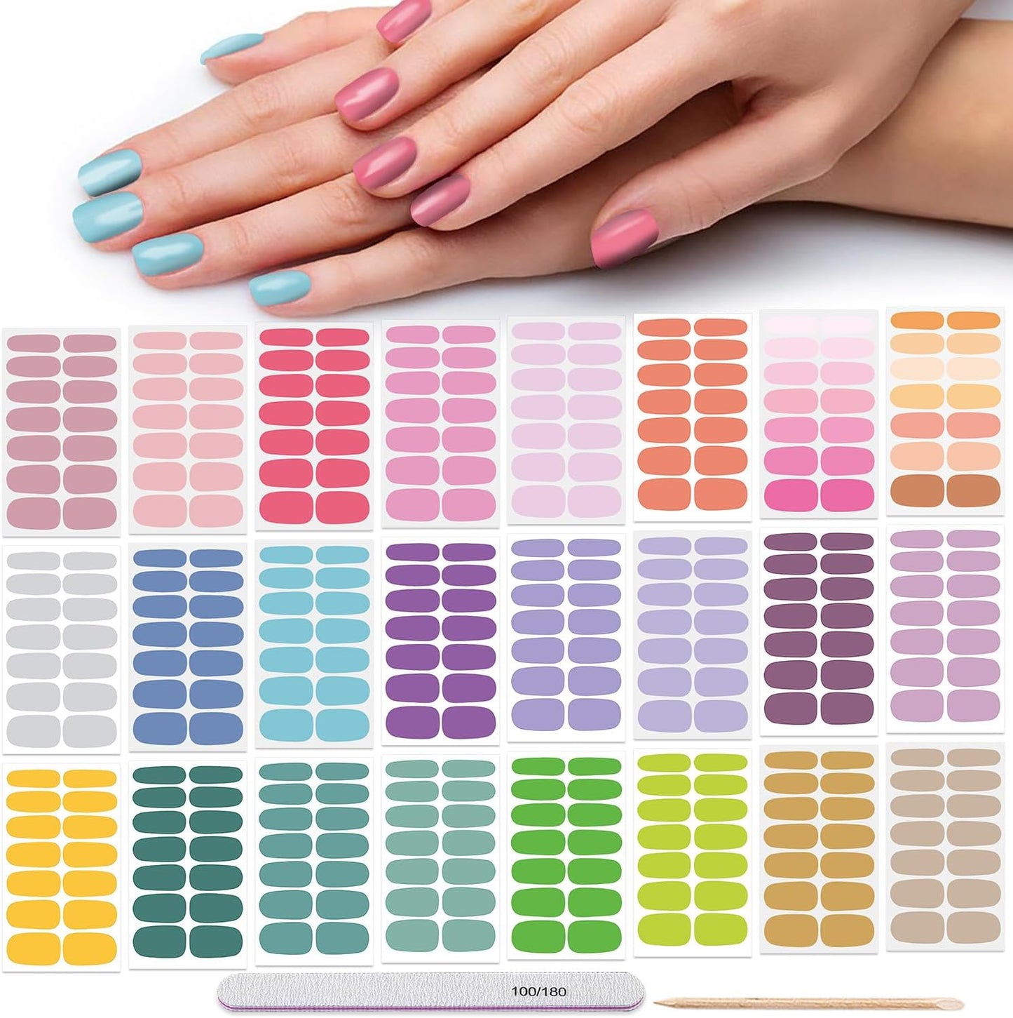 DANNEASY 24 Sheets Nail Polish Stickers - Light Color Full Nail Wraps Stick on Nail Polish Strips Gel Nail Strips Self Adhesive Manicure Fingernail Sticker Nails for Women with File, Cuticle Stick