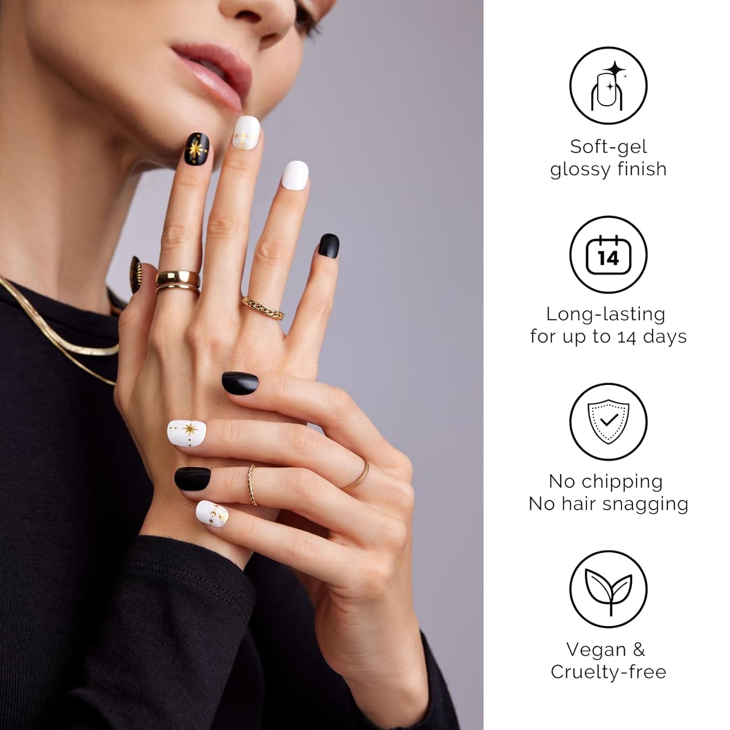 Semi Cured Gel Nail Strips - NAILOG 34 Pcs Gel Nail Stickers Buy 2 Get 1 UV Light | Long Lasting Nail Wraps with Glossy Gel Finish Black, Astral Glyphs