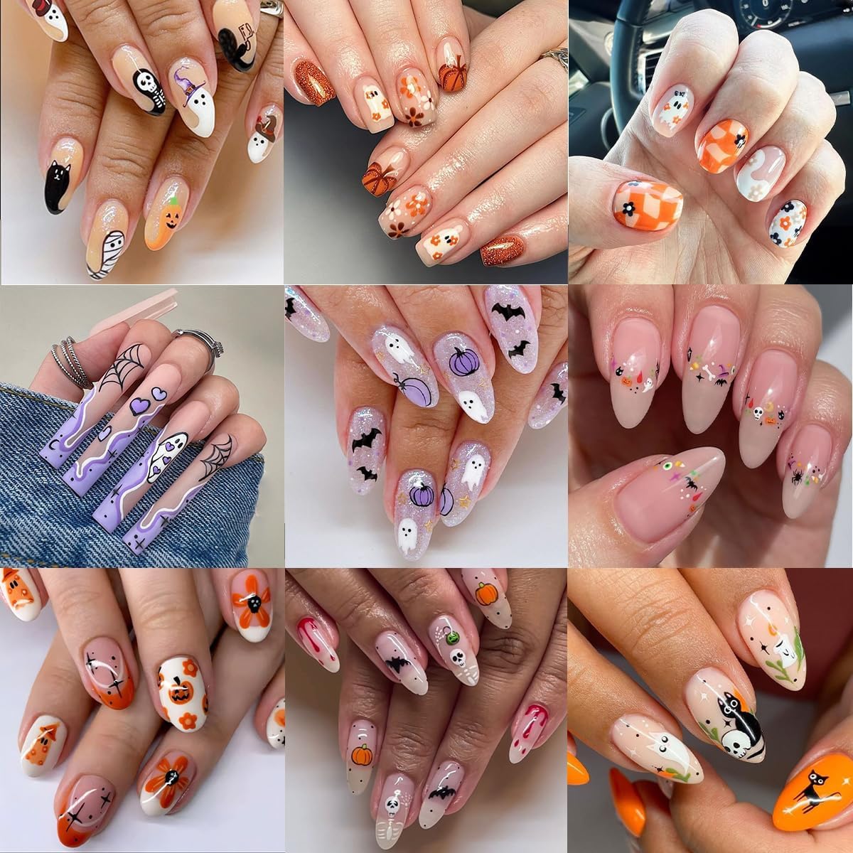 Halloween Nail Stickers for Nail Art, 8Pcs 3D Halloween Nail Art Stickers Cute Cat Ghost Pumpkin Nails Decals Skull Spider Web Bat Design Self-Adhesive Nails Art Supplies for Women DIY Manicure Decor