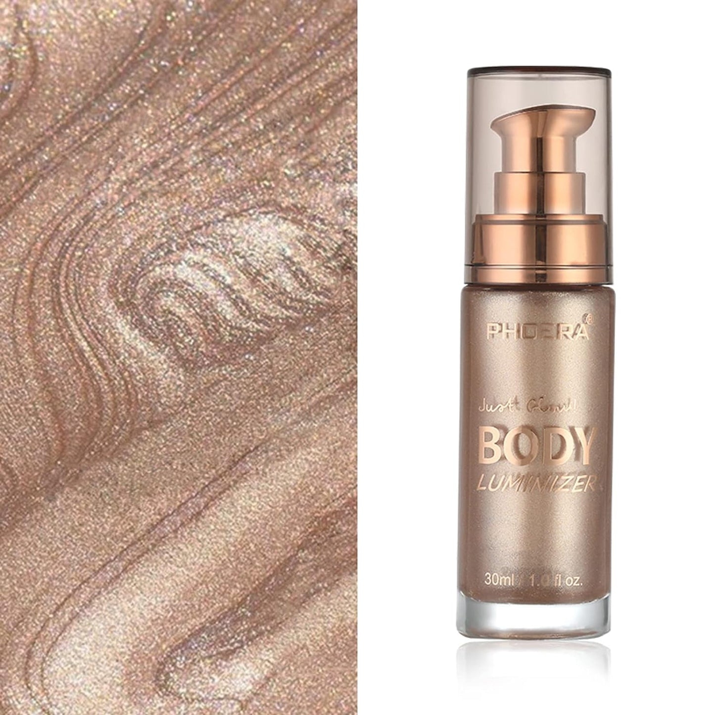 Body Shimmer Oil, Waterproof Long Lasting Moisturizing Bronze Body Luminizer Glow For Face & Body, Liquid Illuminator Body Highlighter 1oz/Jars, Makeup Brush Include (Rose Gold #01)