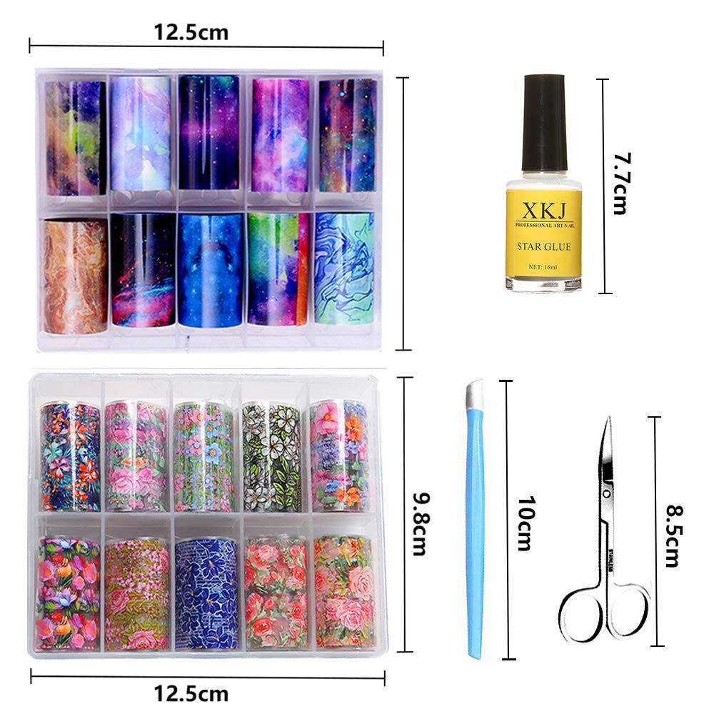 Kalolary 20 Color Starry Sky Stars Nail Art Foil with Nail Glue, Holographic Nail Art Transfer Stickers DIY Decoration, for Nail Art Salon or Home Use