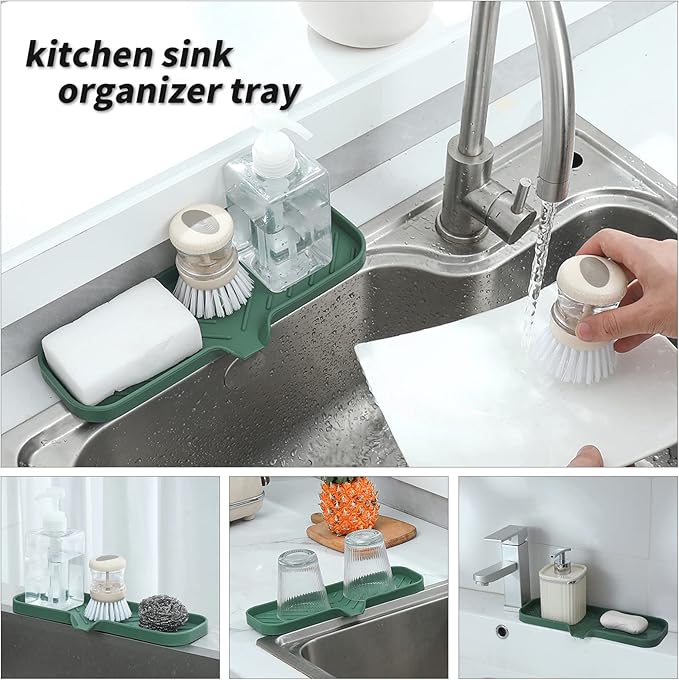 Silicone Bathroom Soap Dishes with Drain Spout-Bathroom and Kitchen Sink Organizer,Sponge Holder,Dish Soap Tray,Perfect for Dispenser,Scrubber,Bottle,Cup on Sink or Counter-Green 12"×4"