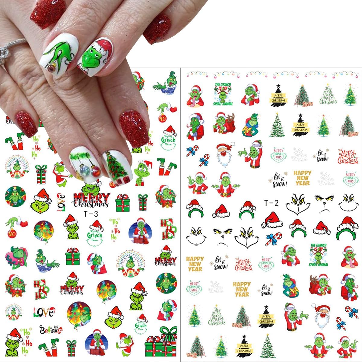 8 Sheets Christmas Nail Art Stickers - 3D Christmas Nail Decals with Xmas Tree, Santa Claus Designs - Holiday, Winter Nail Stickers for Women, Girls & Kids