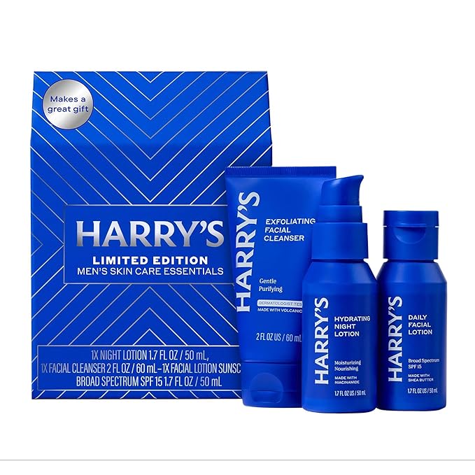 Harry's Limited Edition Holiday Gift Set for Men, Men's Skincare Essentials (2 oz Exfoliating Face Wash, Daily Face Lotion with SPF 15, Hydrating Night Lotion)
