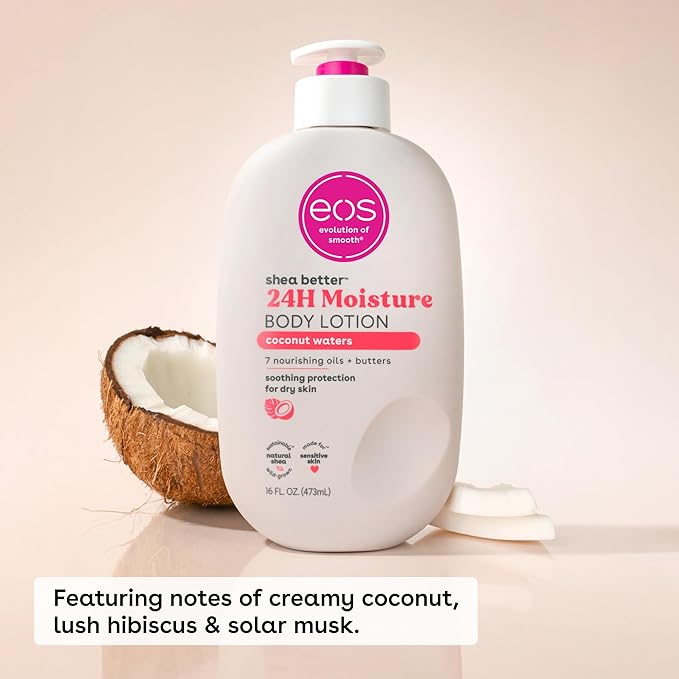 eos Shea Better Body Lotion Coconut Waters, 24-Hour Moisture Skin Care, Lightweight & Non-Greasy, Natural Shea, Vegan, Coconut Body Lotion, 16 fl oz