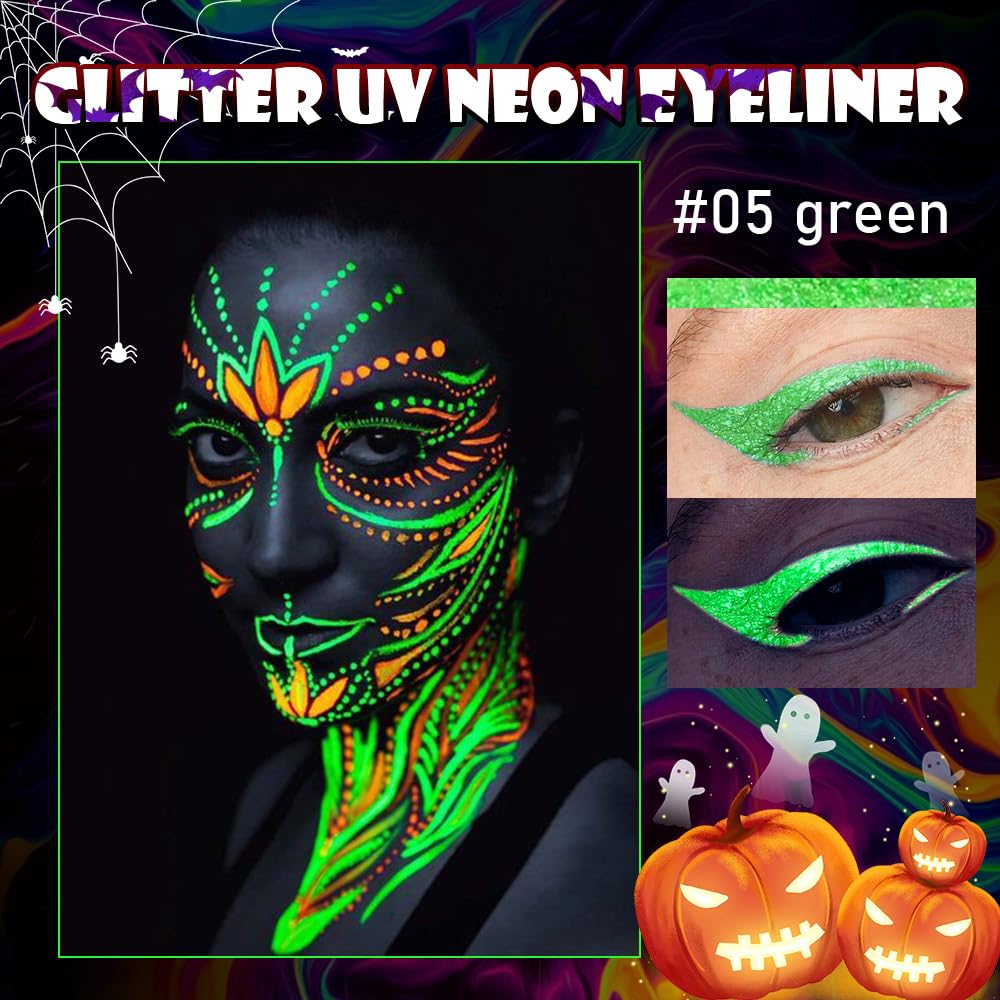evpct Green Shimmer Eyeliner UV Neon Gel Eyeliner Pencil Makeup, Rainbow Halloween Colored Colorful Gel Eye Liner Pen Glow in Dark Makeup, Long Lasting Waterproof Eyeliners for Face Body Painting