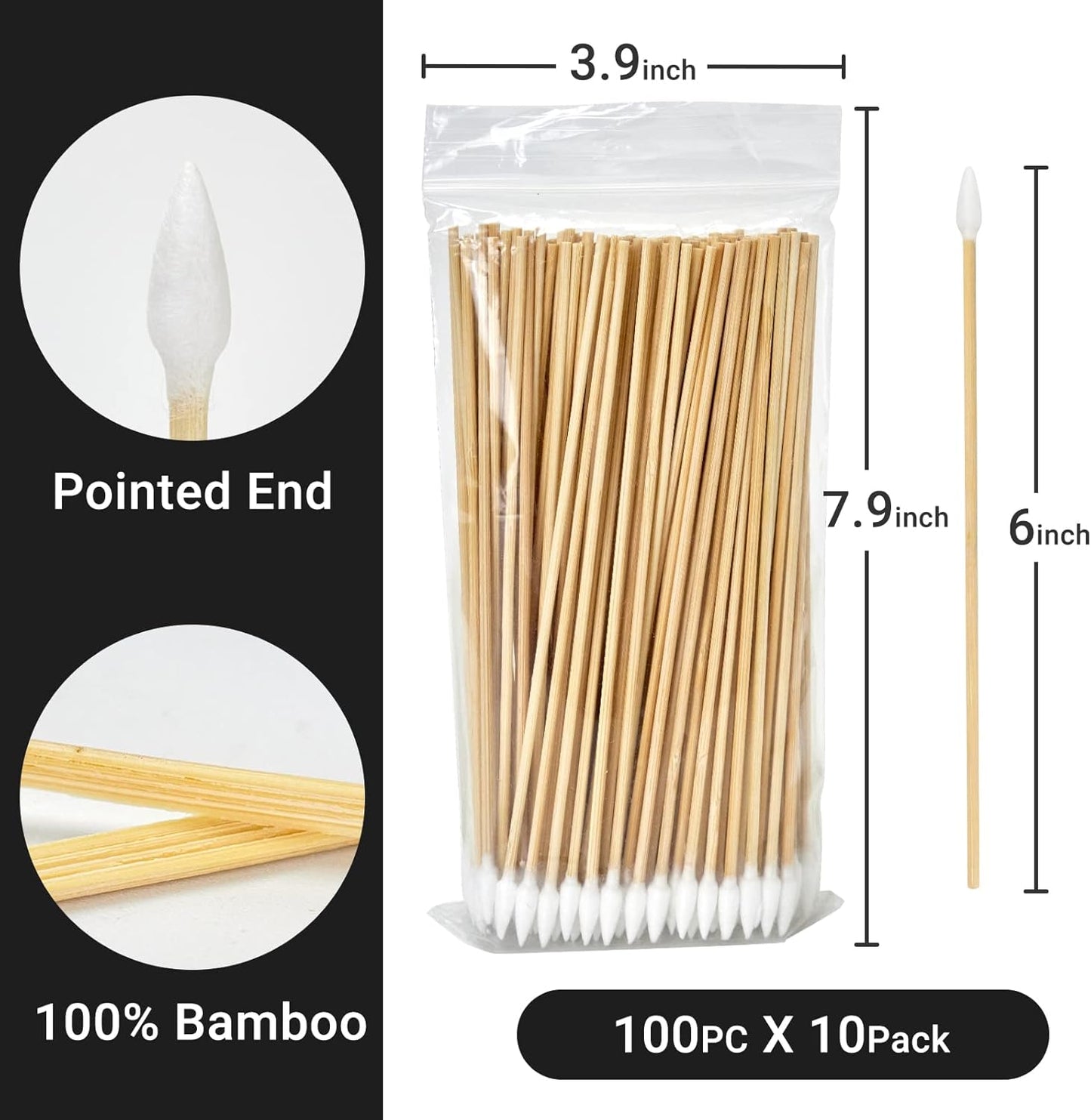 500/1000 Count 6'' Long Round/Pointed Cotton Swabs Durable Stem, Lint- Free Gun Cleaning Swabs Pure Cotton Tips for Gun Maintenance, Makeup, Pet Care, Equipment (Detailed Work)