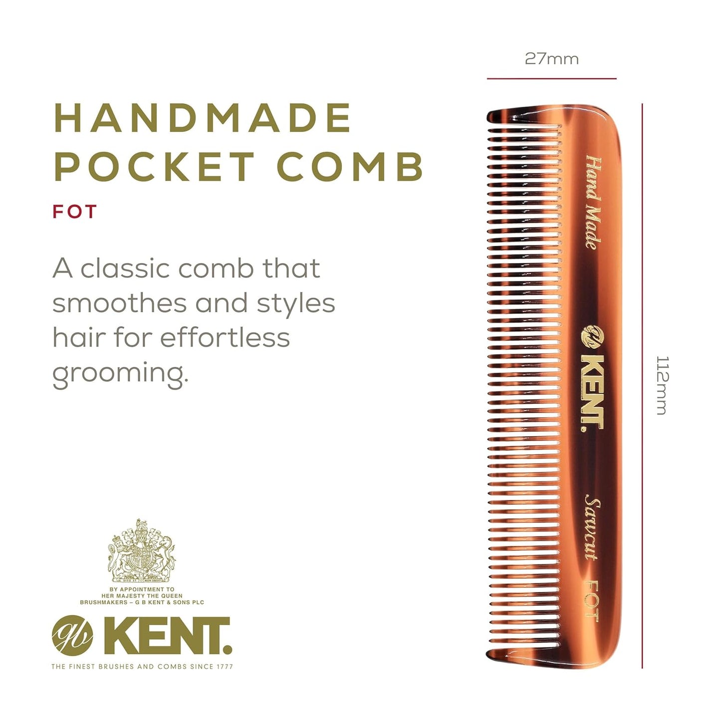 Kent FOT Tortoise Fine Tooth Handmade Pocket Comb for Men, Women and Kids, Hair Comb Straightener for Everyday Grooming and Styling, Beard and Mustache, Saw Cut and Hand Polished, Made in England
