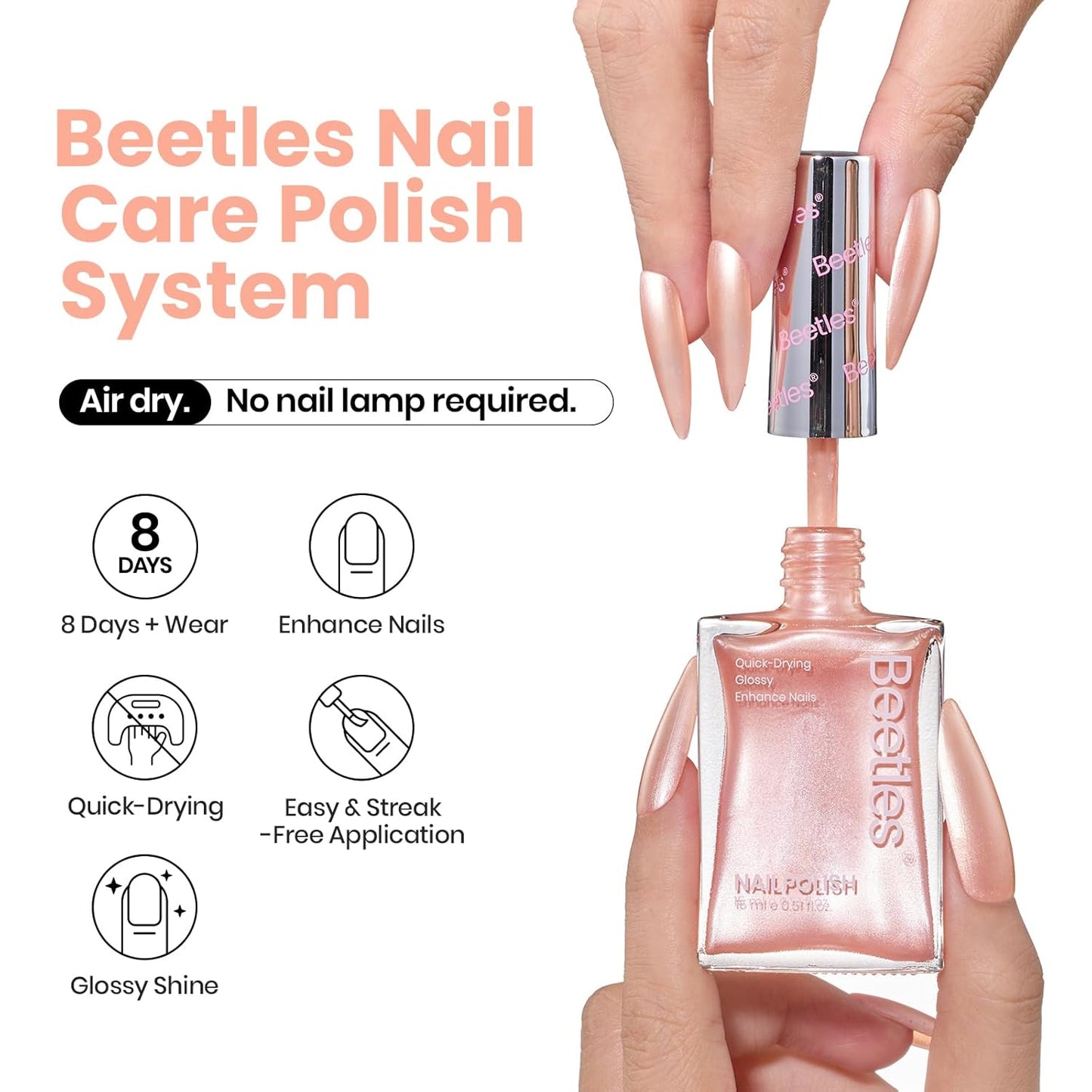 Beetles Pearly Pink Nail Polish,Fast Air Dry, No UV Needed –Perfect for Party, Long-Lasting Neutral Color for DIY At-Home or Salon Use, 15ml/0.51oz