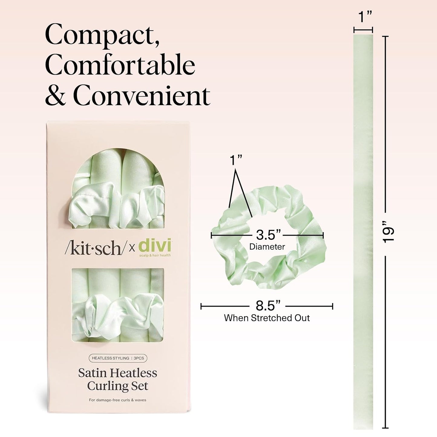 Divi x Kitsch Satin Heatless Hair Curler Set - Heatless Curls Overnight, Hair Rollers for Soft Curls & Frizz-Free Styling, No Heat Curlers To Sleep in, Curling Rod Headband for Overnight Curl- Sage