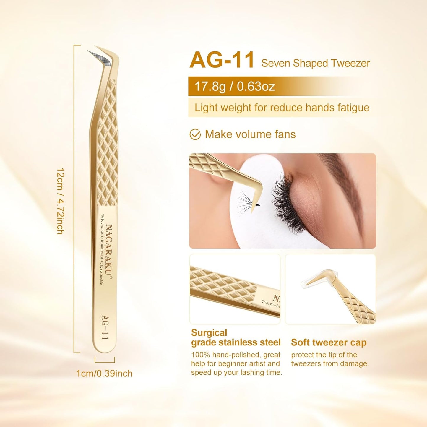 NAGARAKU Precision Fiber Tip Tweezer for Eyelash Extensions Diamond Grip Anti-Static Anti-Slip Premium Stainless Steel Pointed Volume Eyelashes Boot Tweezers with Box(Seven Shaped Tweezer AG-11)