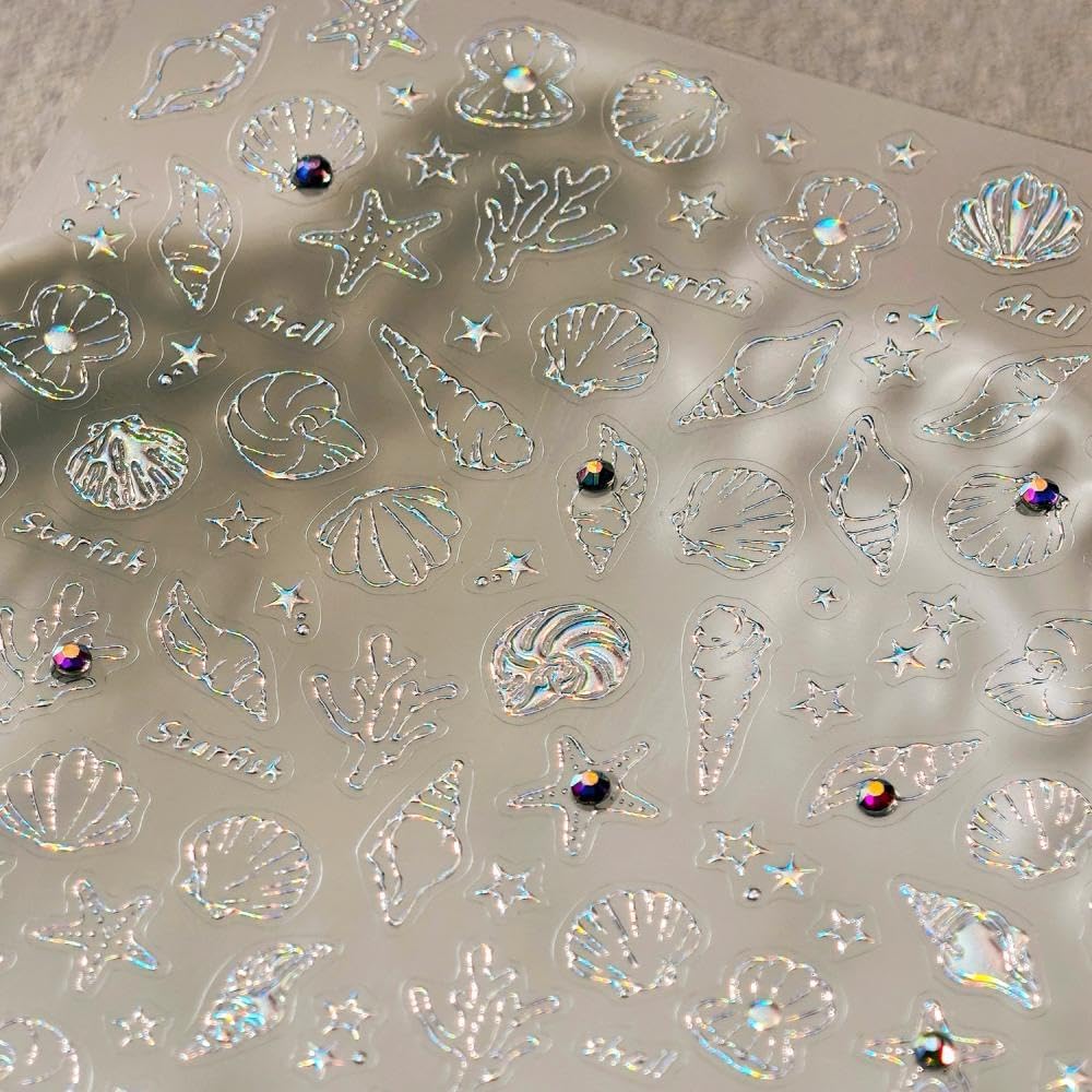 Aurora Ocean Nail Stickers Pearl Shell Conch Nail Designs Starfish Nail Decals 5D Embossed Silver Star Beach 3D Self-Adhesive Summer Nail Art Decoration for Women DIY Manicure 2 Sheets