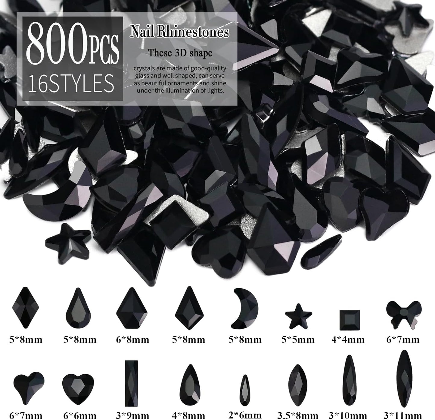 Dowarm 6000PCS Black Nail Rhinestones Kit, 16 Types of 800PCS Special-Shaped Diamonds + 5200PCS Flatback Rhinestones, 3D Glass Gemstones for Nail Crafts Decoration, Jewelry Gem Stones Charm