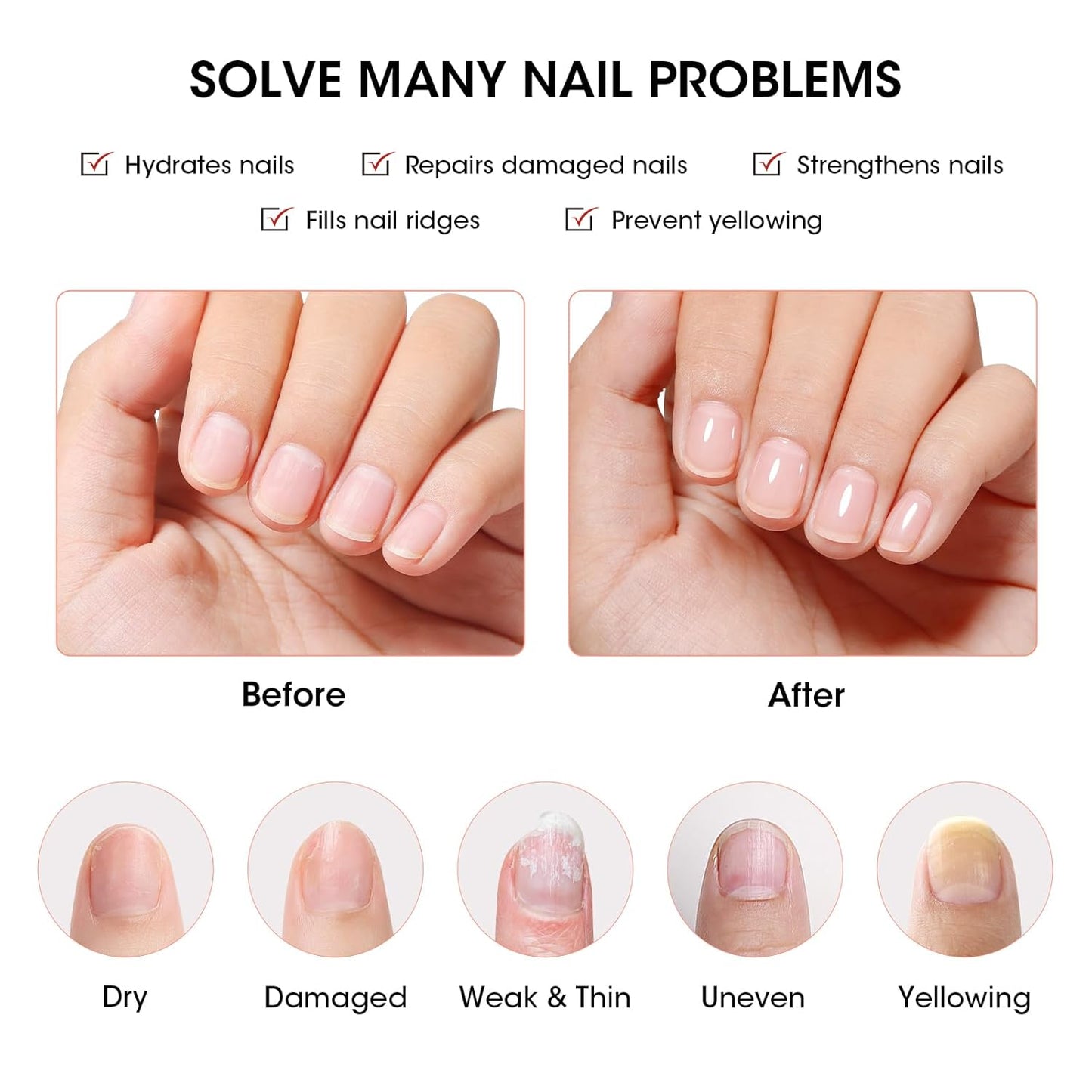 GELLEN Clear Nail Polish Ridge Filling Base Coat, Nail Strengthener and Growth, Ridge Filler For Nails, Hydrate Strengthen Nourish Damaged Dry Natural Nails, Shea Butter & Vitamin E & Protein Formula