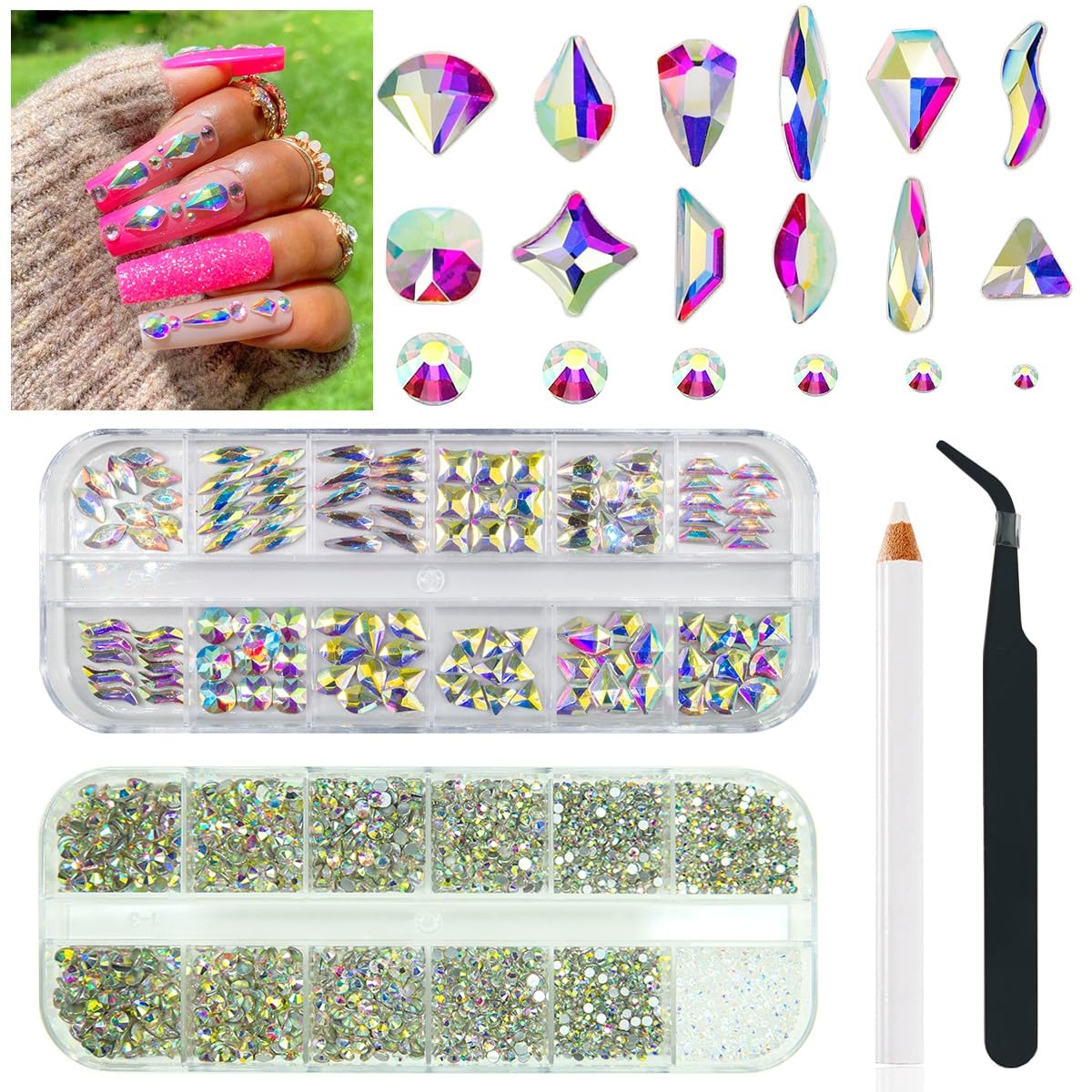 4080Pcs Crystal AB Nail Rhinestones Multi Shapes Flatback Crystal White AB Gems Round Beads K9 Glass Stones Diamonds jewels Nail Art Supplies Nail Charms for Nails Faces Eyes Makeup DIY Crafts