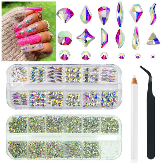 4080Pcs Crystal AB Nail Rhinestones Multi Shapes Flatback Crystal White AB Gems Round Beads K9 Glass Stones Diamonds jewels Nail Art Supplies Nail Charms for Nails Faces Eyes Makeup DIY Crafts