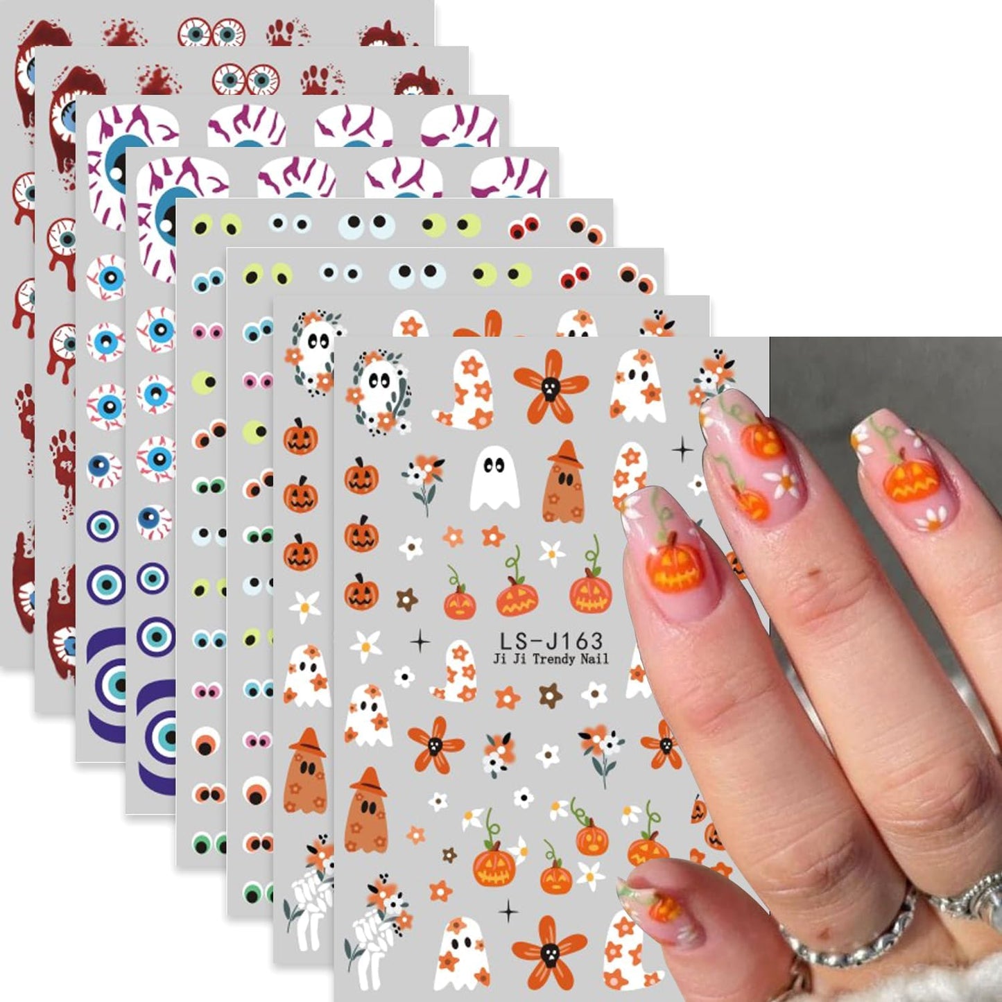 8 Sheets Halloween Nail Art Stickers Decals Evil Eye Nails Stickers Cute Ghost Pumpkin Nails Decal Self-Adhesive Blood Drop Nails Art Decals for Women Halloween Decor
