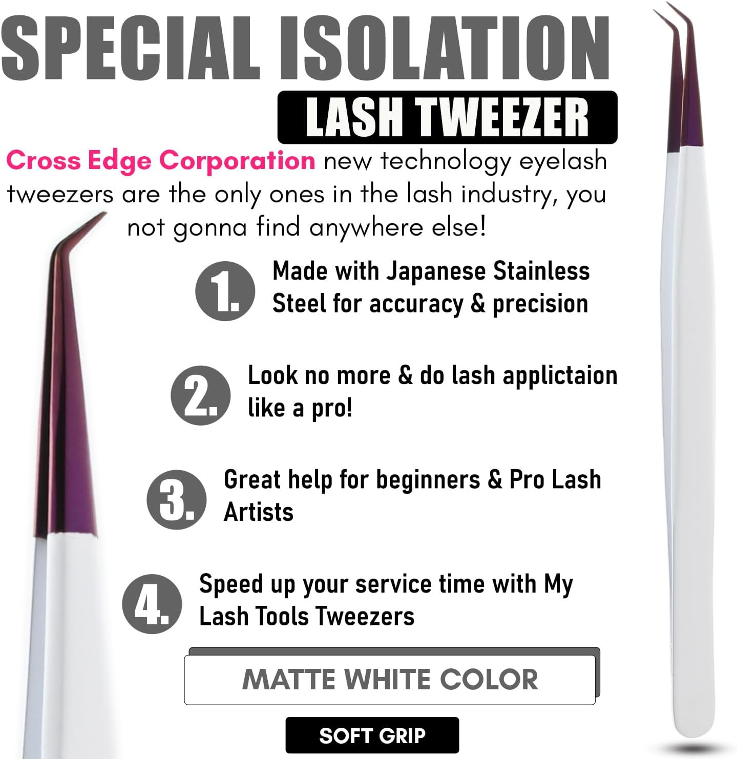 Isolation Tweezers for Eyelash Extension – 14cm Curved, White & Purple, Stainless Steel, Best for Individual Isolation & Classic Lashes, Pinzas para Pestaña (Matte White Purple)