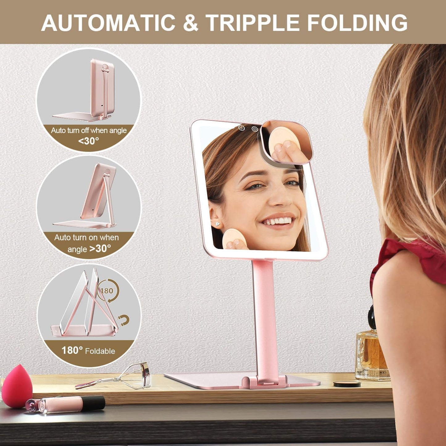 Mocado Travel Makeup Mirror with Light, Tripple Folding Vanity Mirror with Lights, 3 Colors Lighted Makeup Mirror, 1500mAh Rechargeable, Memory Function, Freely Adjust Height and Angle(Rose Gold)