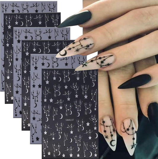 6 Sheets Moon Star Nail Art Stickers 3D Self -Adhesive Hollow Stars Nail Decals Holographic Black & Silver Pendant Star Moon Nail Stickers Unique Nail Decoration for Women Manicure Supplies