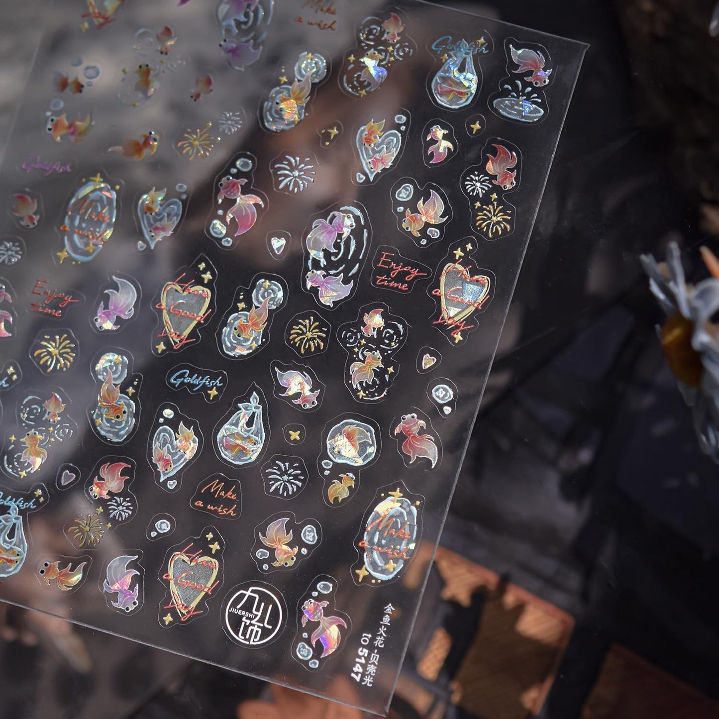 Goldfish Nail Art Stickers Sparkly Koi Fish Nail Stickers 5D Embossed Koi Lotus Leaf Chinese Style Manicure Decals Accessories Shell Light Goldfish Adhesive Slider for Women DIY Nail Art Decorations