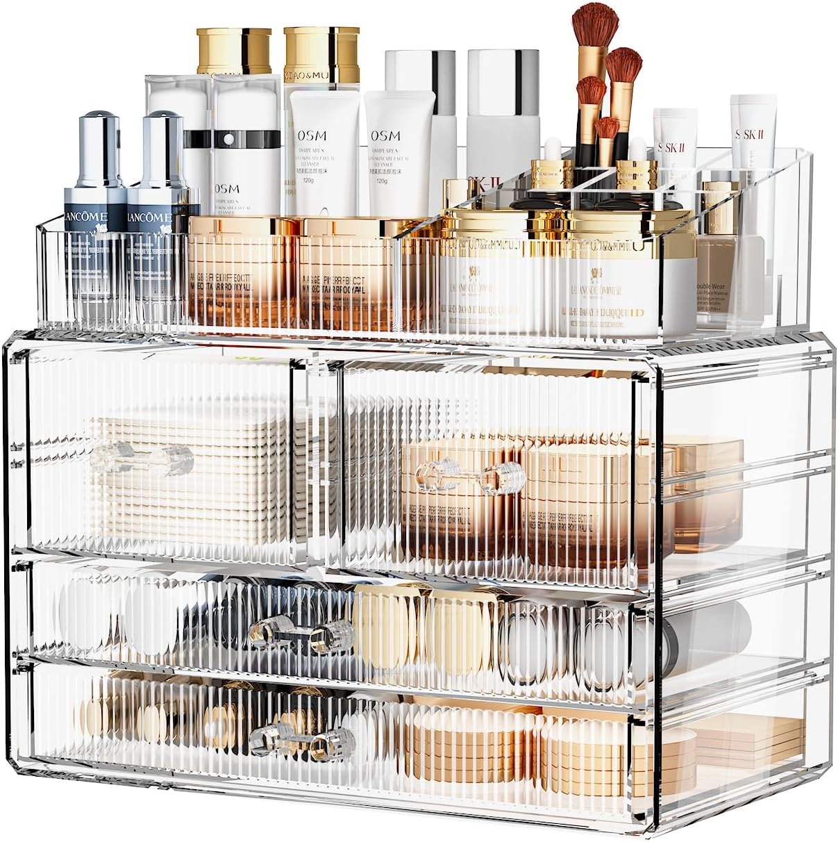 ZHIAI Stackable Storage Drawers, Acrylic Bathroom Counter Organizer Clear Makeup Organizers for Vanity, Kitchen Cabinets, Bathroom, Undersink, Home Organization and Storage (1 Top 4 Drawers D)